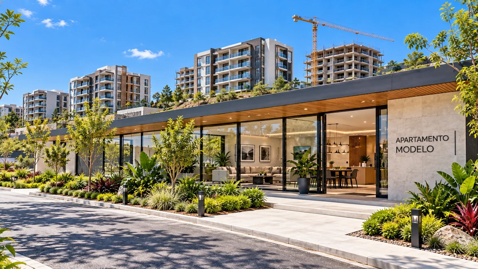 Fachada del apartamento modelo con el desarrollo inmobiliario al fondo