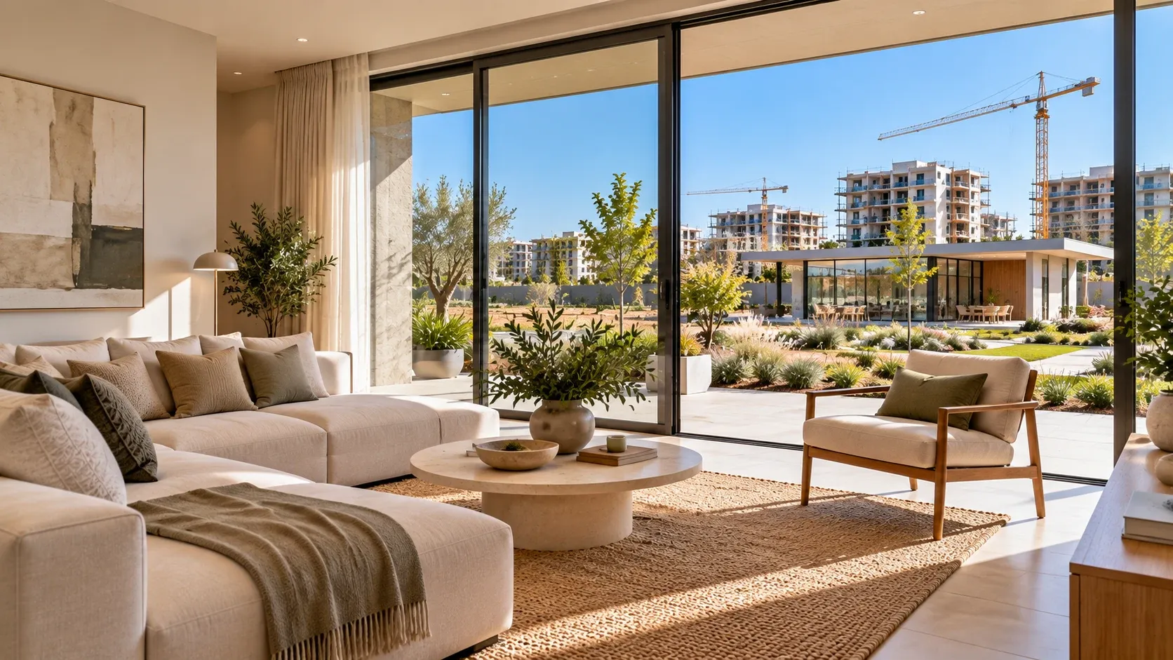Sala interior del apartamento modelo con vista a las zonas comunes