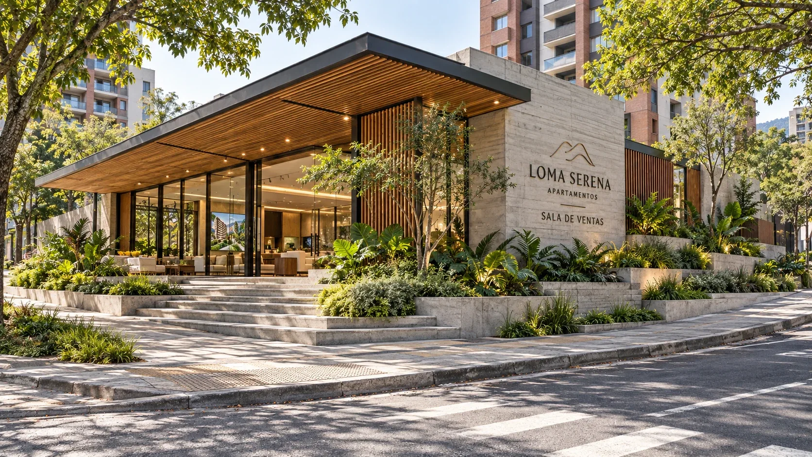 Sala de ventas con volúmenes limpios y presencia urbana