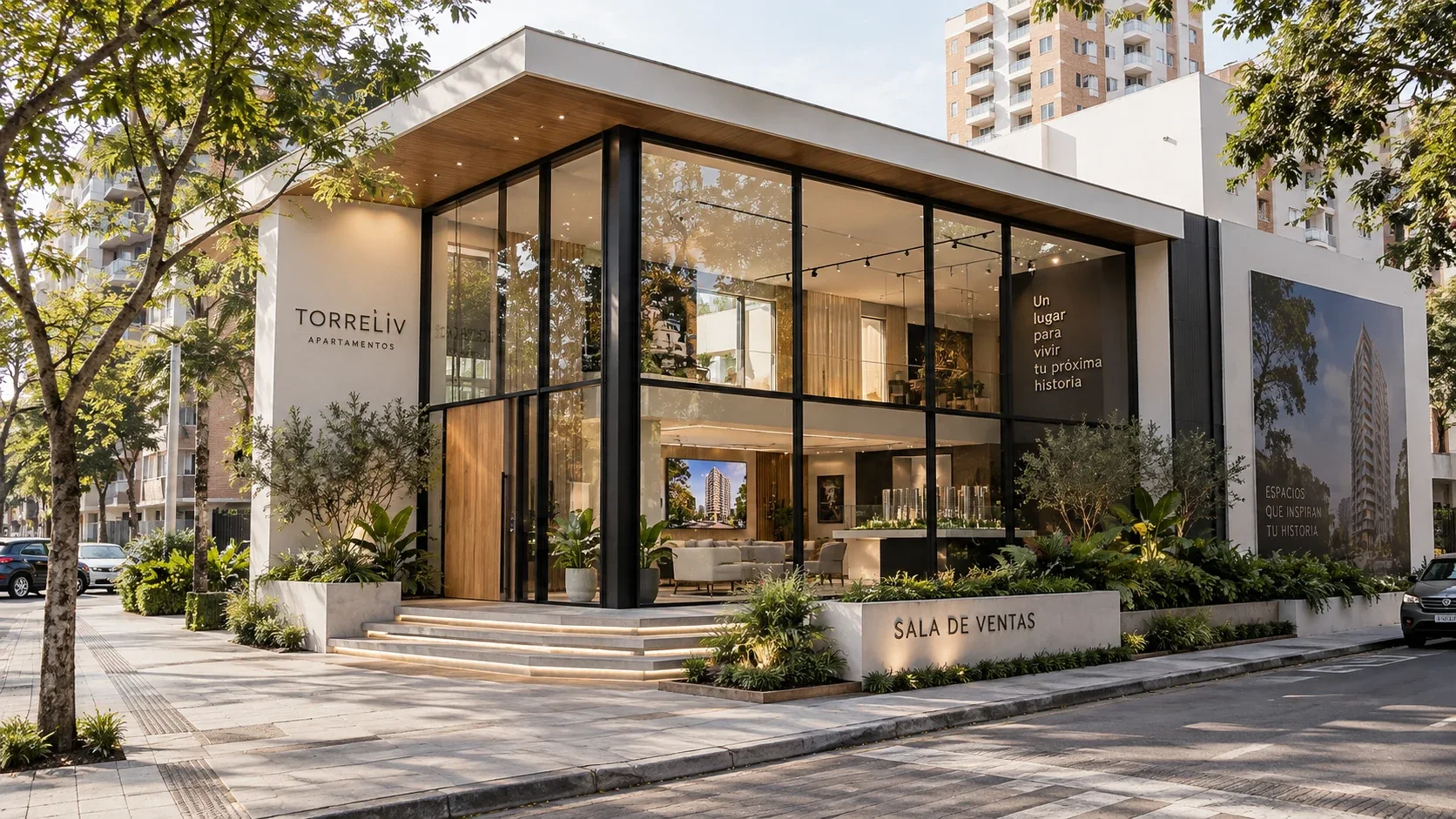 Sala de ventas de doble altura con vitrina comercial