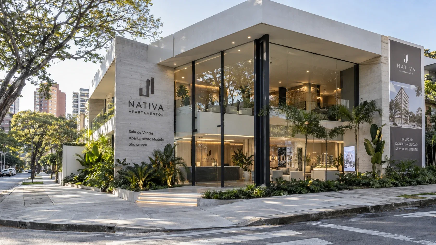 Showroom inmobiliario con fachada acristalada y lenguaje minimalista