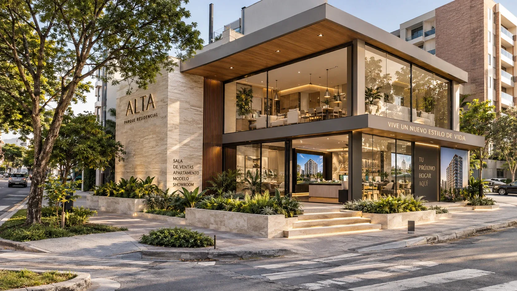 Sala de ventas residencial con exhibición comercial y escaparate urbano