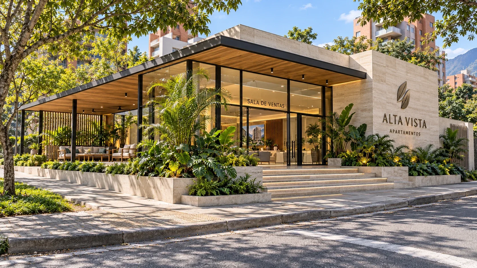 Sala de ventas premium con terraza exterior y paisajismo envolvente