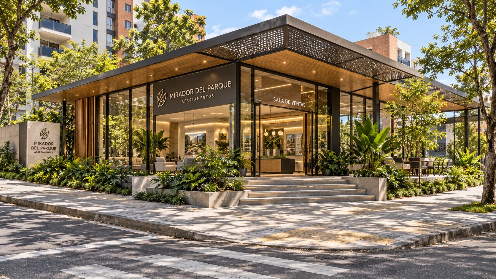 Sala de ventas con marquesina liviana y transparencia perimetral